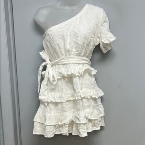 VICI One-Shoulder Ruffle Mini Dress | White Tiered Boho Dress | Size Small